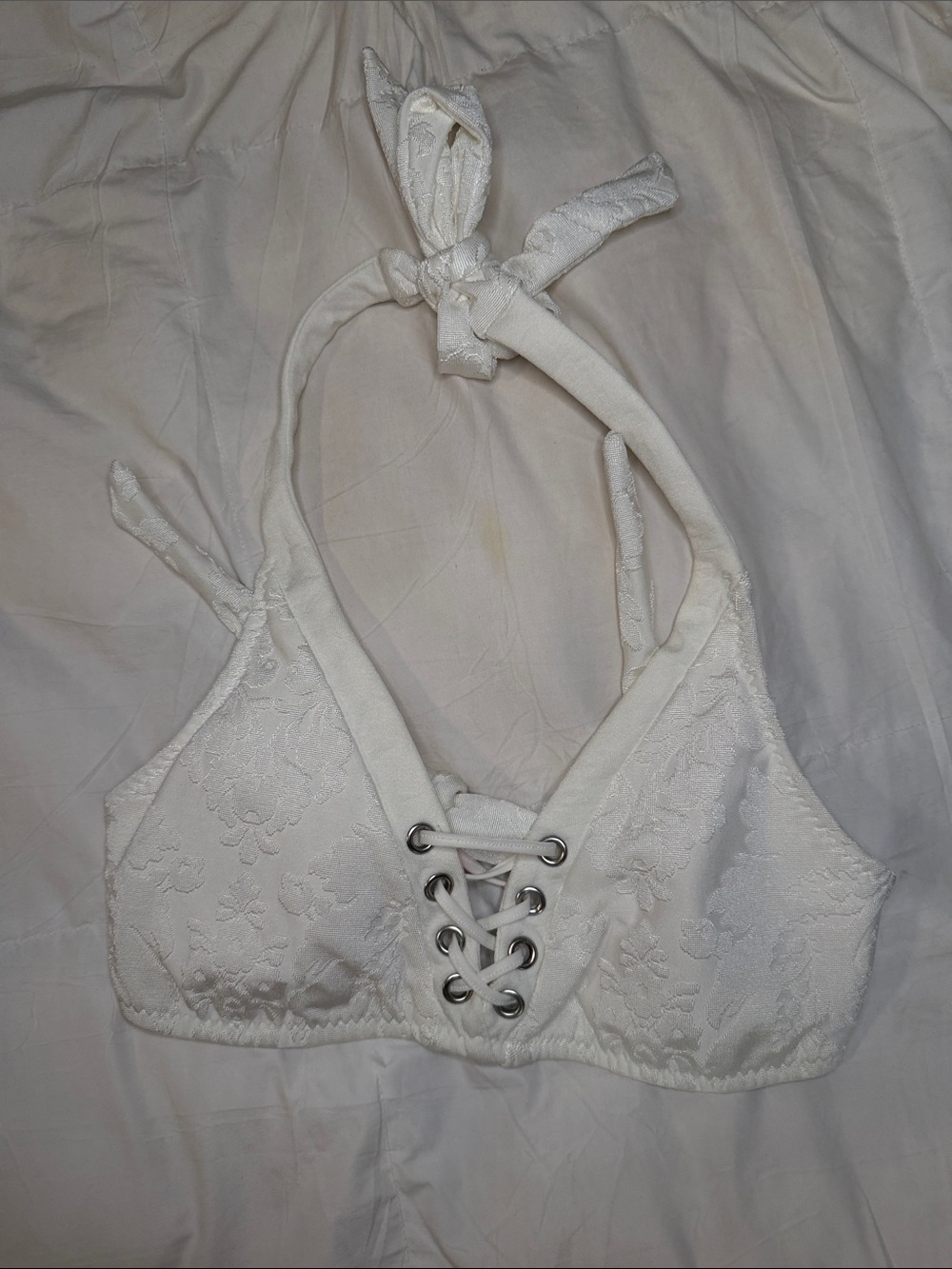BECCA White Lace Halter Bikini Top with Front Lace-Up